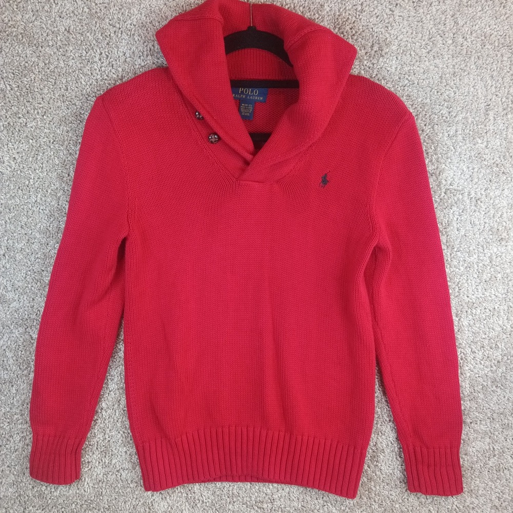 Polo Ralph Lauren Boys Red Cotton Shawl Collar Sweater Size M 10-12 Navy Pony